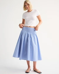 Smocked Drop-Waist Poplin Midi Skirt