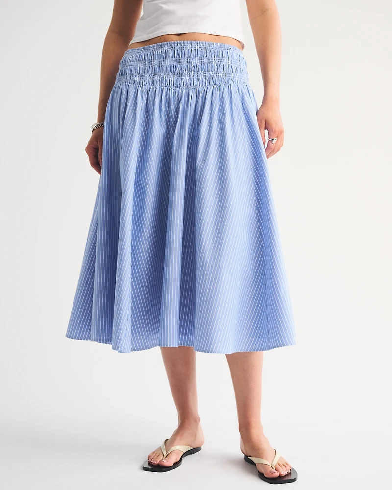 Smocked Drop-Waist Poplin Midi Skirt