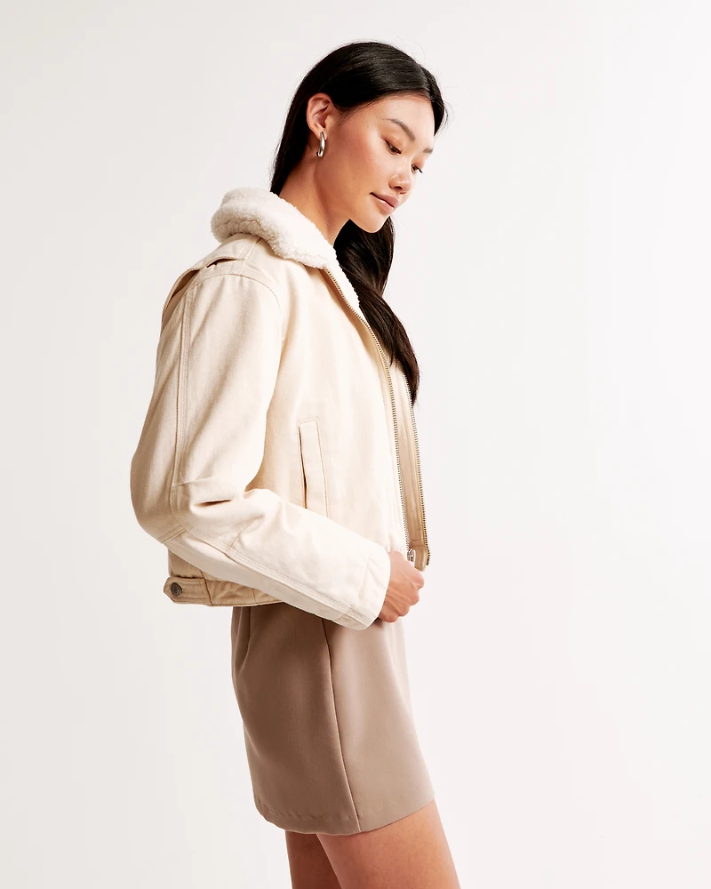 Sherpa-Lined Cropped Twill Workwear Jacket