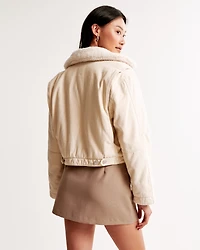 Sherpa-Lined Cropped Twill Workwear Jacket