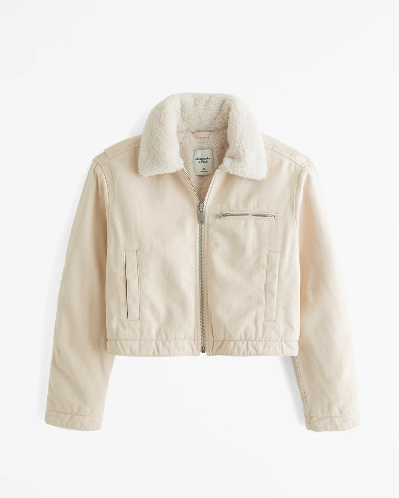 Sherpa-Lined Cropped Twill Workwear Jacket