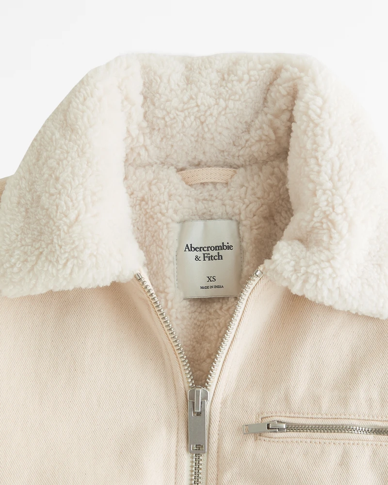Sherpa-Lined Cropped Twill Workwear Jacket