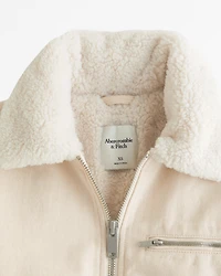 Sherpa-Lined Cropped Twill Workwear Jacket