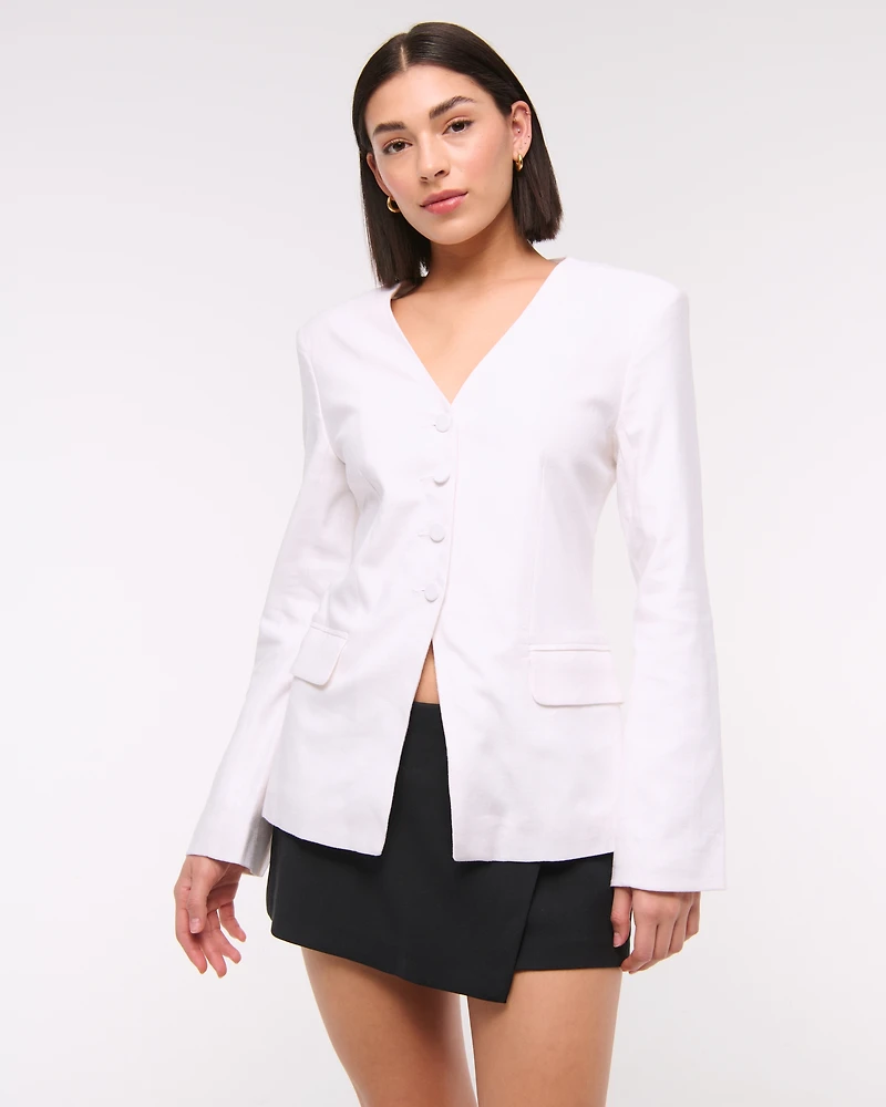 Linen-Blend Collarless Blazer