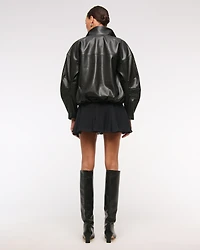 Bubble Hem Vegan Leather Bomber Jacket