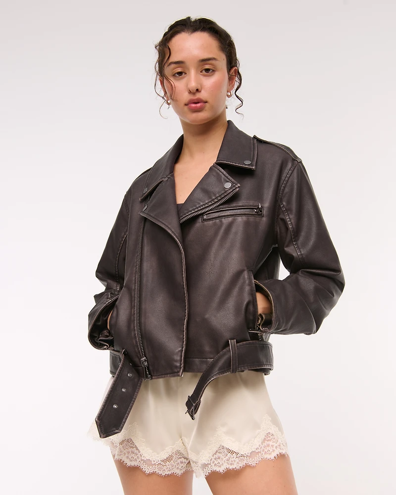 Distressed Vegan Leather Biker Jacket