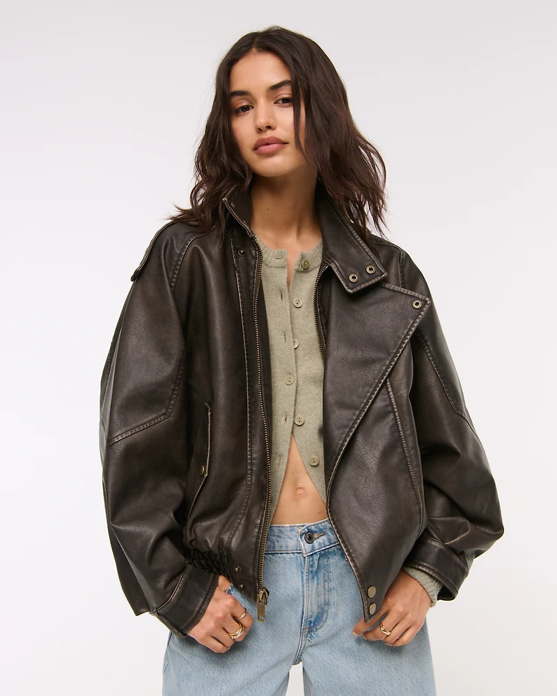 Relaxed Mockneck Vegan Leather Bomber Jacket