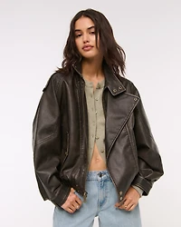 Relaxed Mockneck Vegan Leather Bomber Jacket