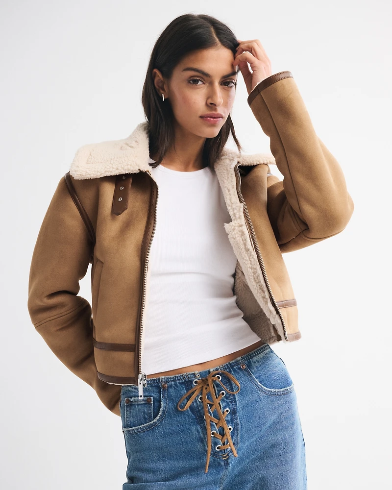 Short Vegan Suede Shearling Coat