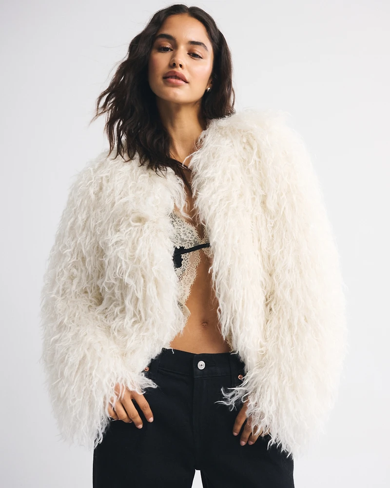 Collarless Short Faux Fur Coat