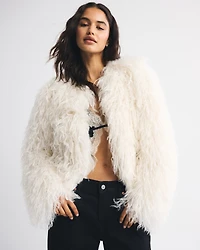 Collarless Short Faux Fur Coat