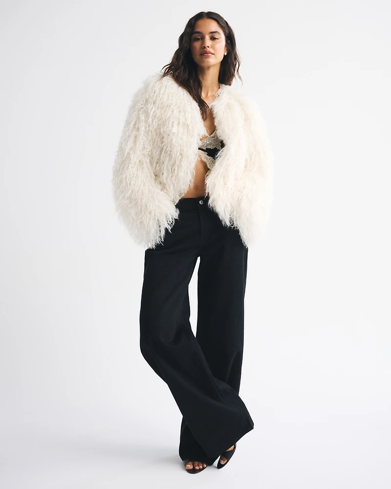 Collarless Short Faux Fur Coat