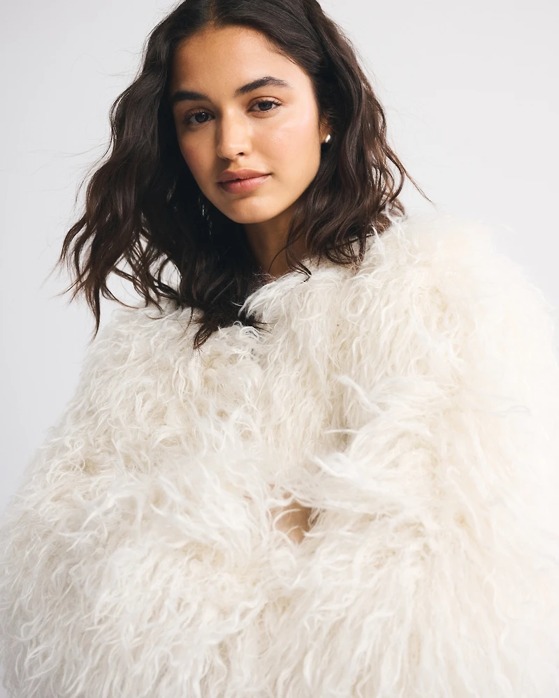 Collarless Short Faux Fur Coat