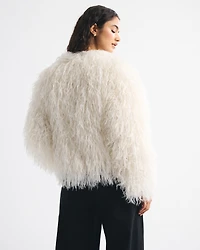 Collarless Short Faux Fur Coat