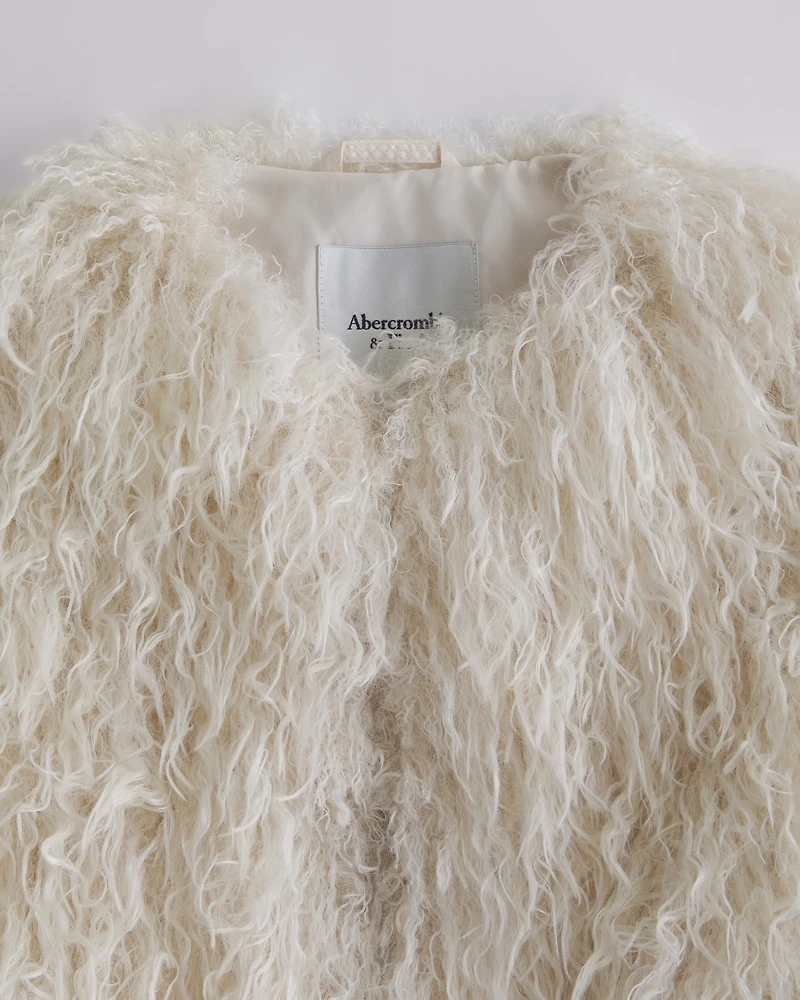 Collarless Short Faux Fur Coat