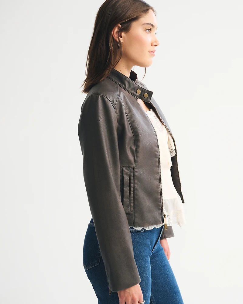 Slim Vegan Leather Mockneck Jacket