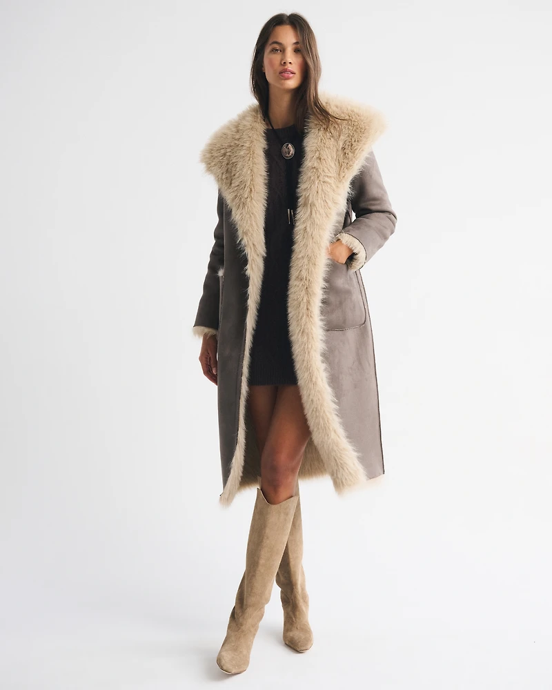 Reversible Vegan Suede Shearling Long Coat