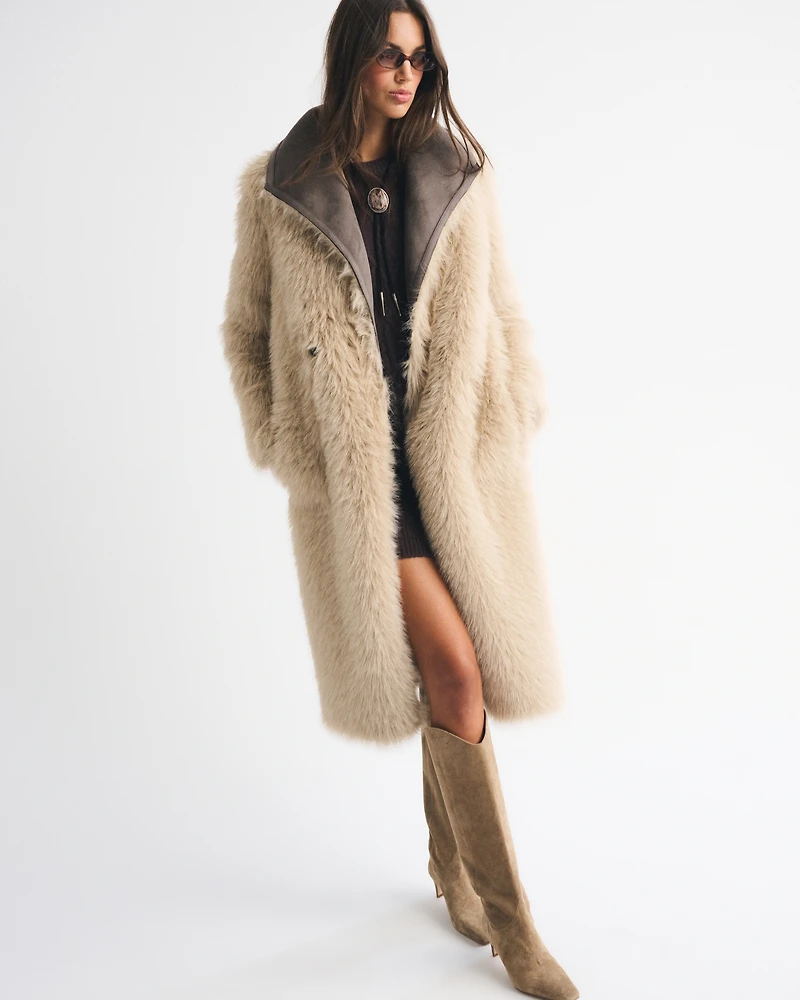 Reversible Vegan Suede Shearling Long Coat
