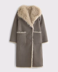 Reversible Vegan Suede Shearling Long Coat