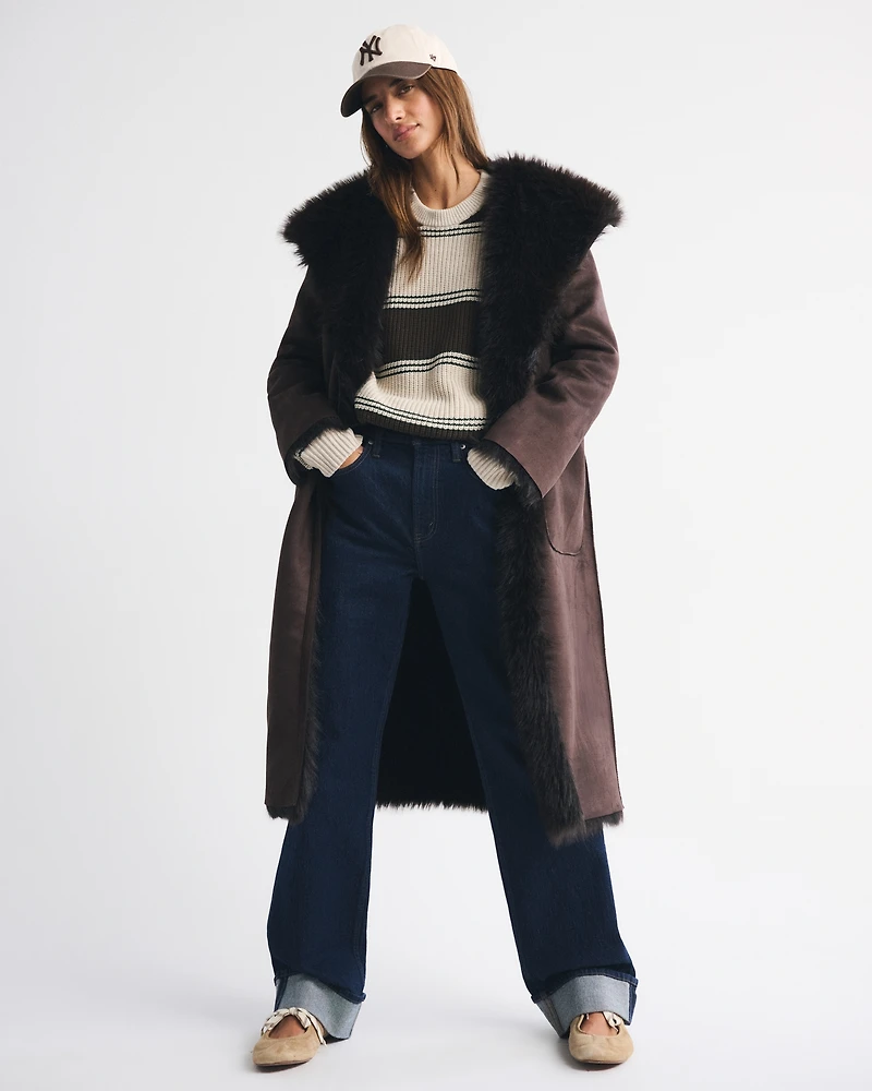 Reversible Vegan Suede Shearling Long Coat