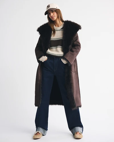 Reversible Vegan Suede Shearling Long Coat