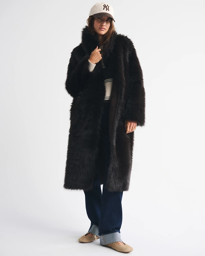 Reversible Vegan Suede Shearling Long Coat