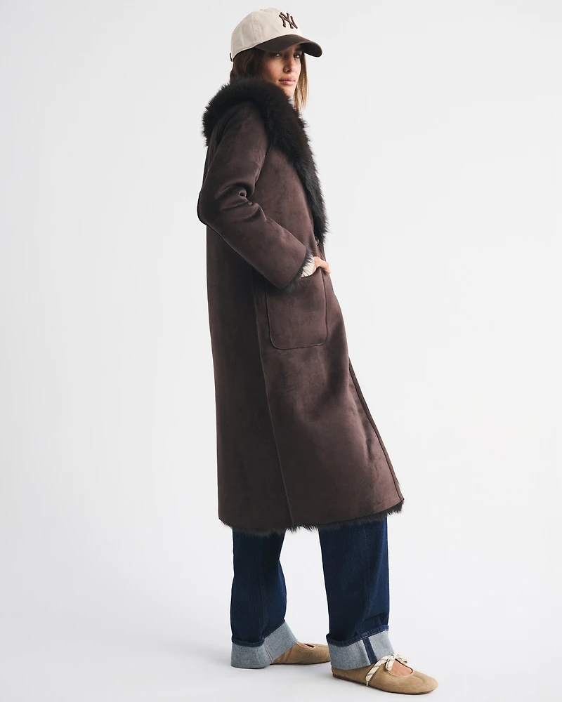Reversible Vegan Suede Shearling Long Coat