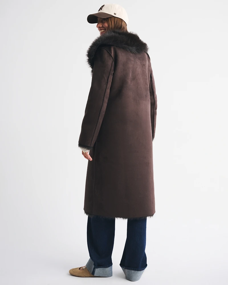 Reversible Vegan Suede Shearling Long Coat