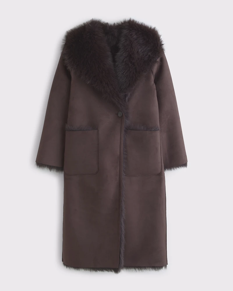 Reversible Vegan Suede Shearling Long Coat