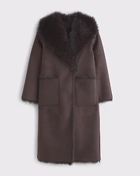 Reversible Vegan Suede Shearling Long Coat