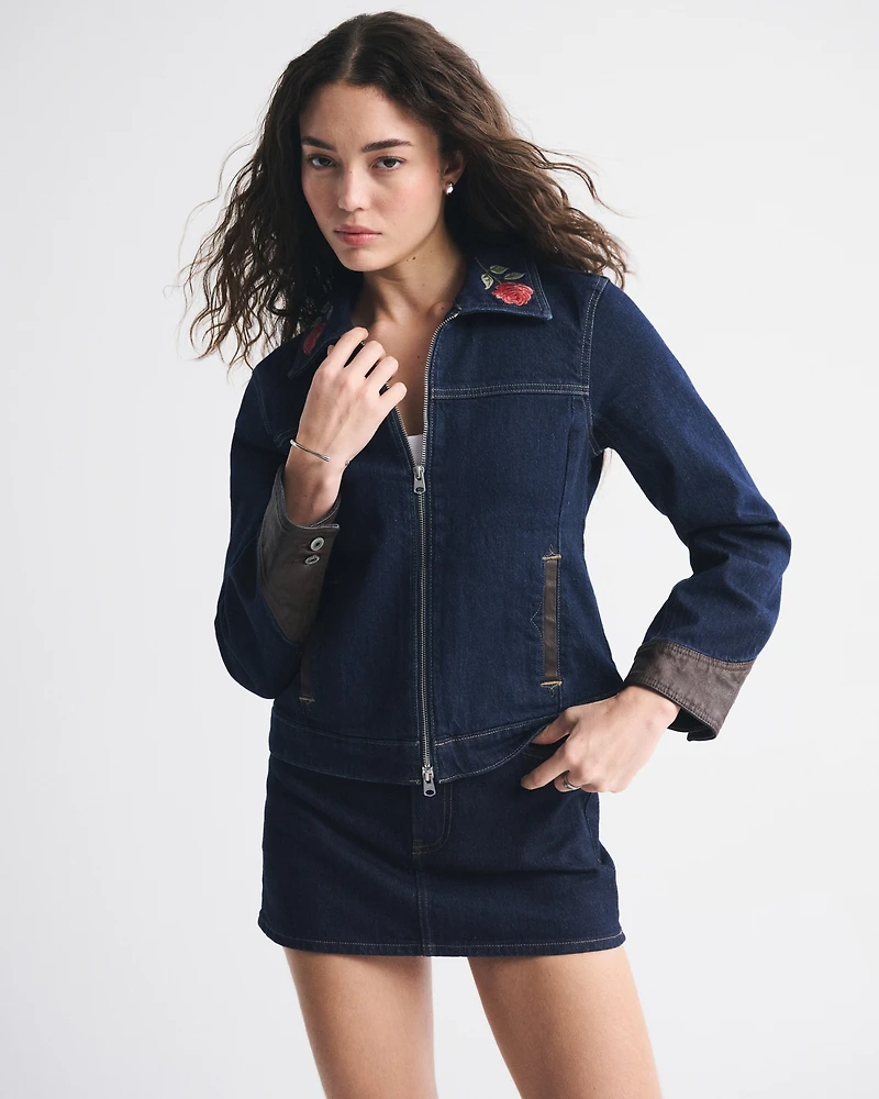 Embroidered Denim Zip-Up Jacket