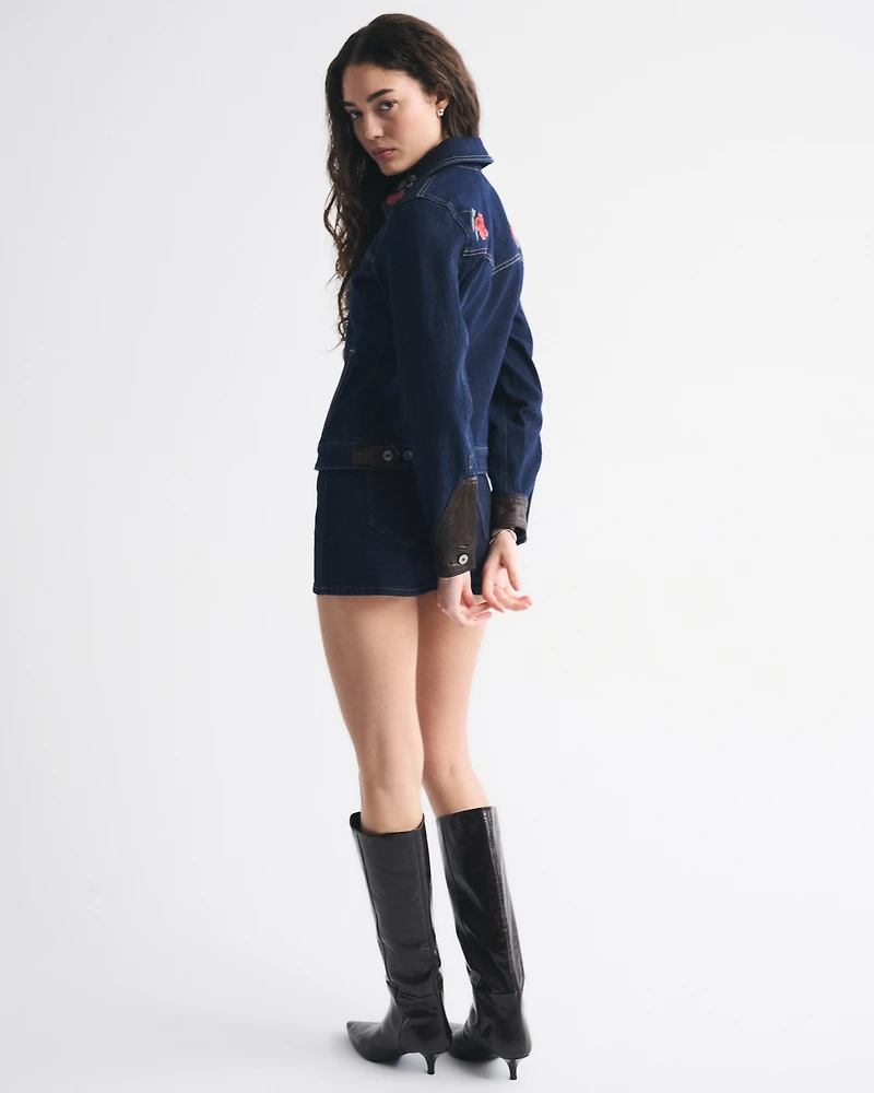 Embroidered Denim Zip-Up Jacket