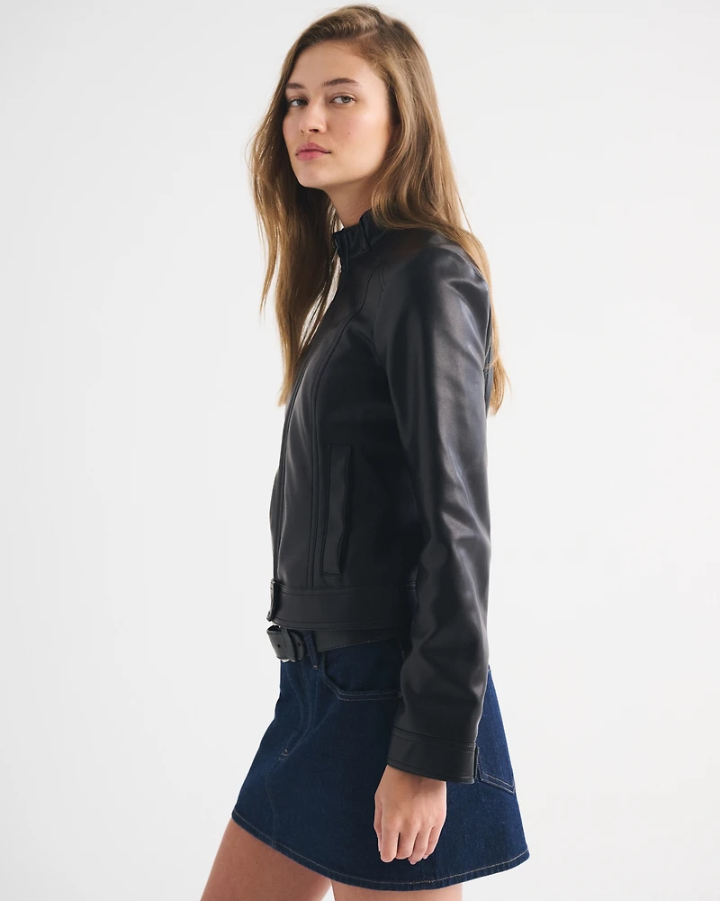 Slim Vegan Leather Mockneck Jacket