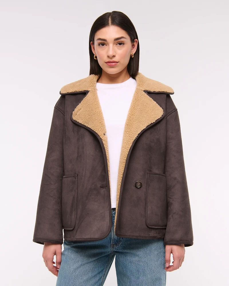 Mid-Length Vegan Suede Shearling Coat