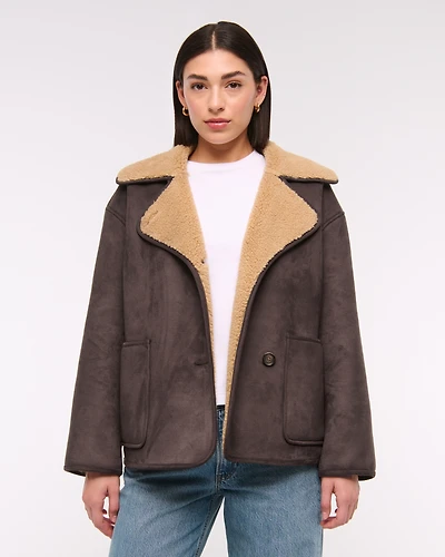 Mid-Length Vegan Suede Shearling Coat