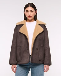 Mid-Length Vegan Suede Shearling Coat