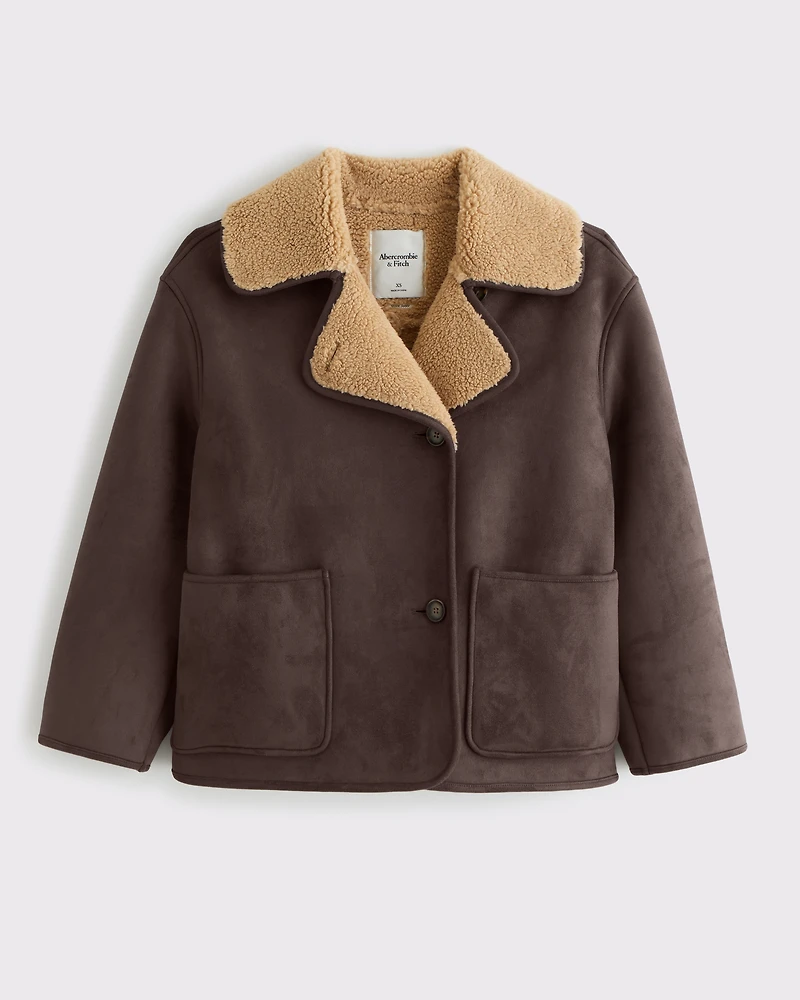 Mid-Length Vegan Suede Shearling Coat