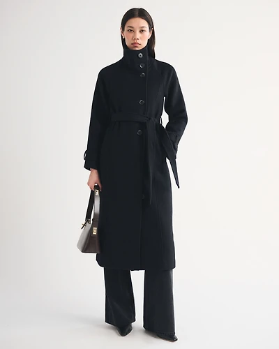 Funnel Neck Wool-Blend Long Coat