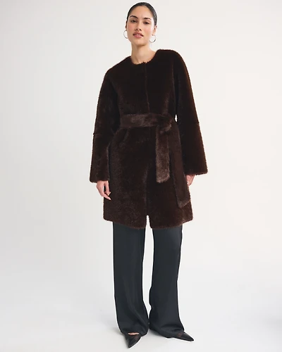Reversible Collarless Mid-Length Faux Fur Shearling Coat