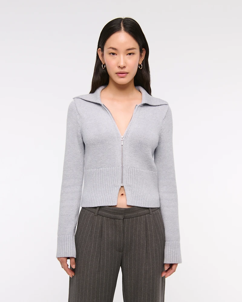 Zip-Up Collared Cardigan