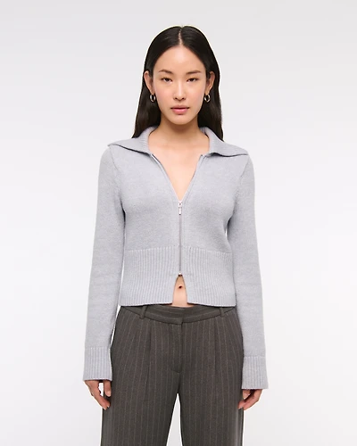Zip-Up Collared Cardigan
