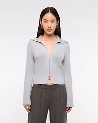 Zip-Up Collared Cardigan