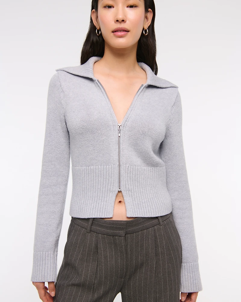 Zip-Up Collared Cardigan