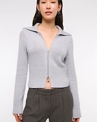 Zip-Up Collared Cardigan
