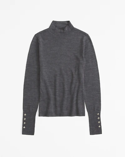 Merino Wool Button Sleeve Mockneck Top