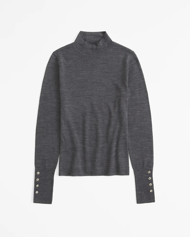 Merino Wool Button Sleeve Mockneck Top