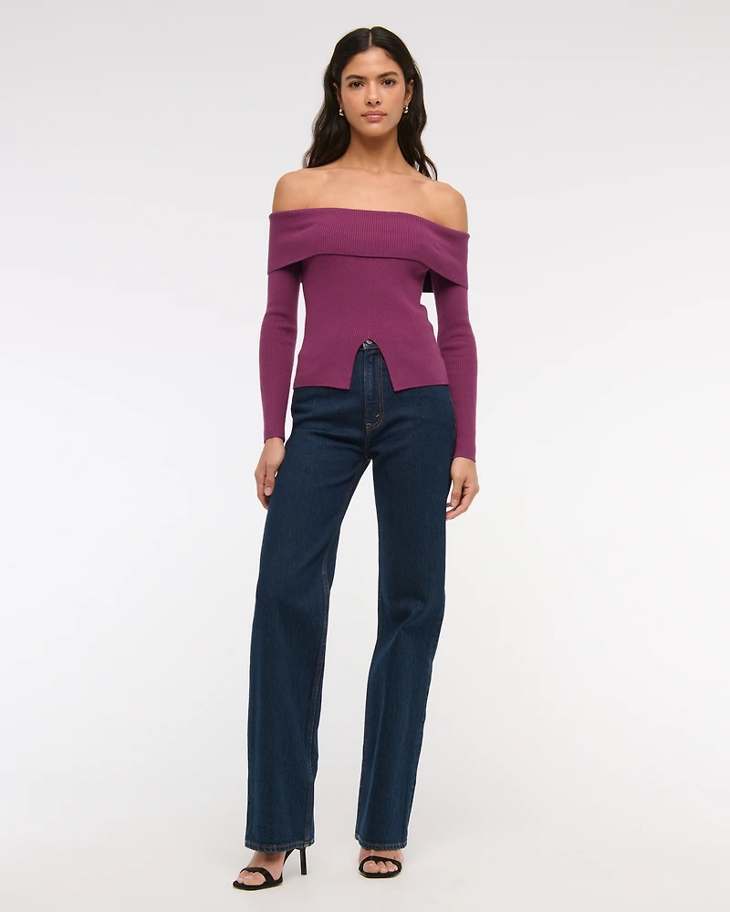 Ribbed Off-The-Shoulder Cutaway Sweater