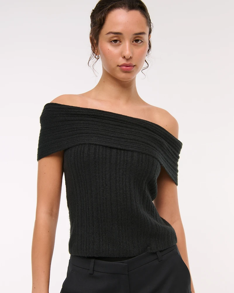 Ribbed Foldover Off-The-Shoulder Sweater Top