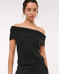 Ribbed Foldover Off-The-Shoulder Sweater Top