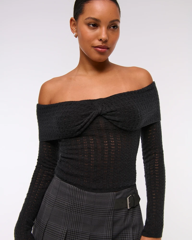 Wool-Blend Pointelle Off-The-Shoulder Sweater